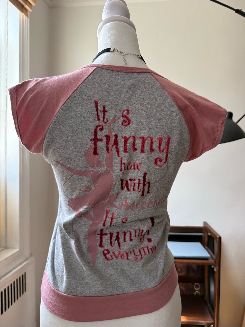 2000s ballerina sporty Women’s Raglan Crop Top in Pink and Gray - Graphic Back
